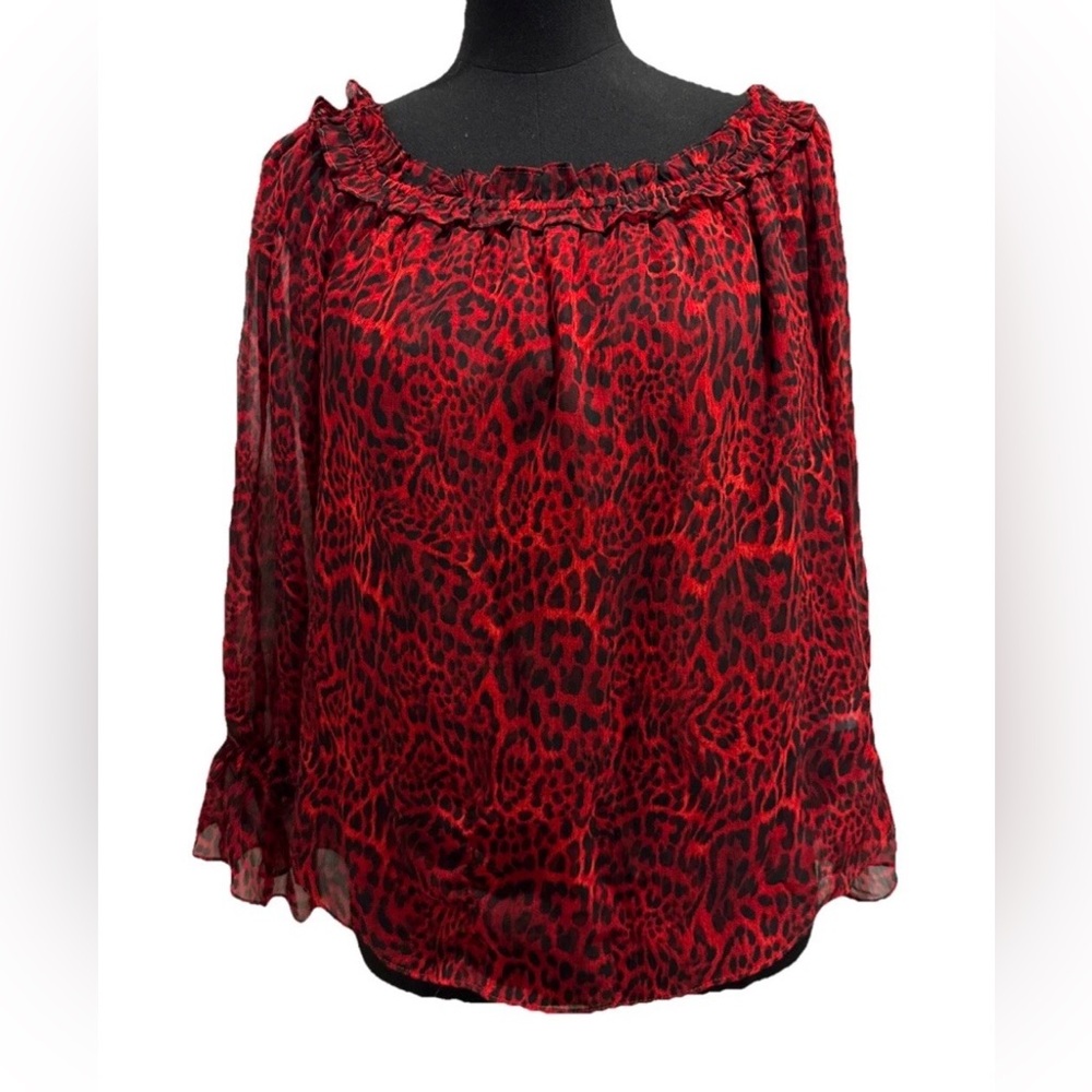 INC Women’s Long Sleeve Red & Black Animal Print Blouse, Sheer, Lined, Medium